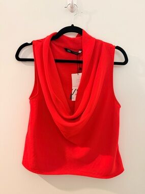 Bright Red Draped Cowl Neck Sleeveless Blouse